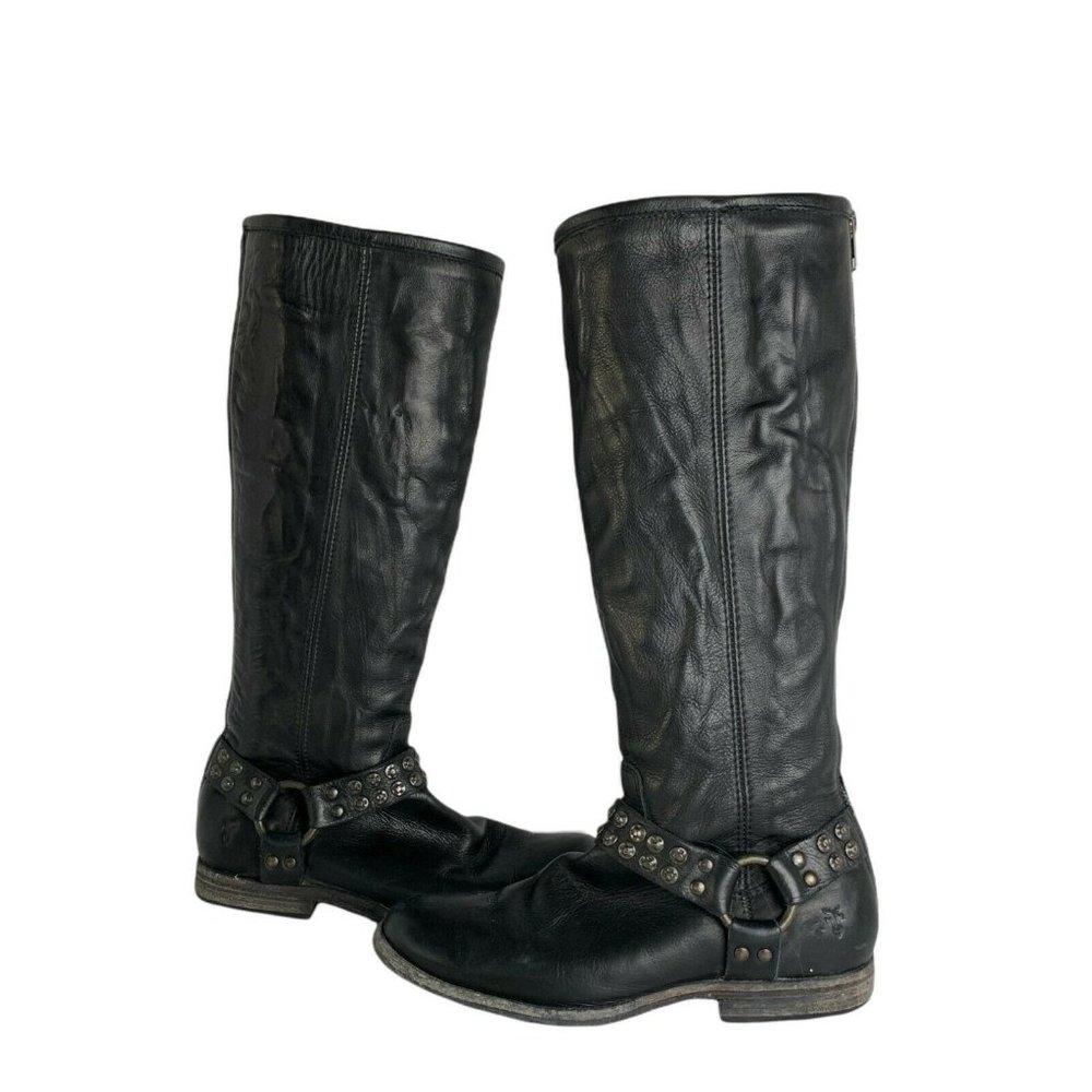 Frye Phillip Studded Harness Tall Leather Knee Boots Black 7.5